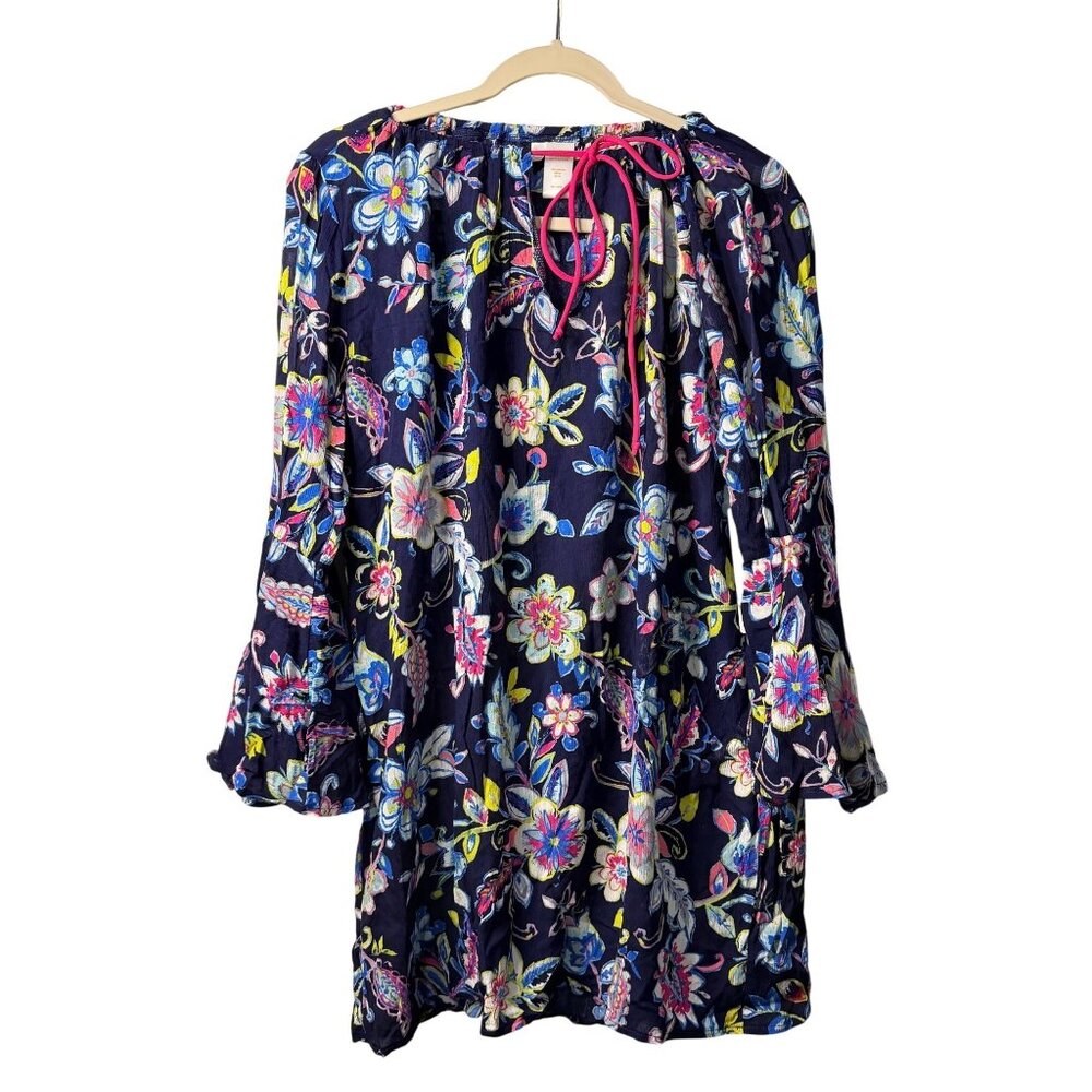 NWT Anne Cole Women Navy Boho Floral Dress Bell Sleeve L/XL Top Y2K Style Summer